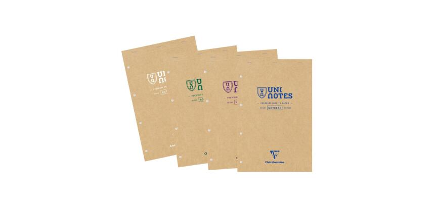 Bloc récyclé agrafé en-tête Uninotes A4+ 140 pages détachables perforé 4 trous petits carreaux - Assortis