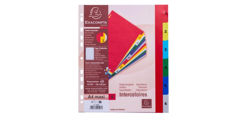 Intercalaires imprimés numériques polypropylène 12/100e - 6 positions - A4 Maxi - Assorties vives
