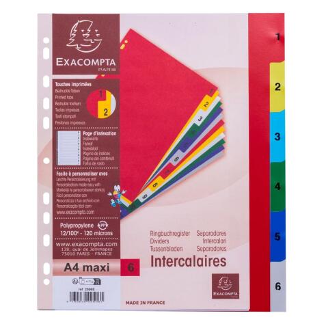 Intercalaires imprimés numériques polypropylène 12/100e - 6 positions - A4 Maxi - Assorties vives
