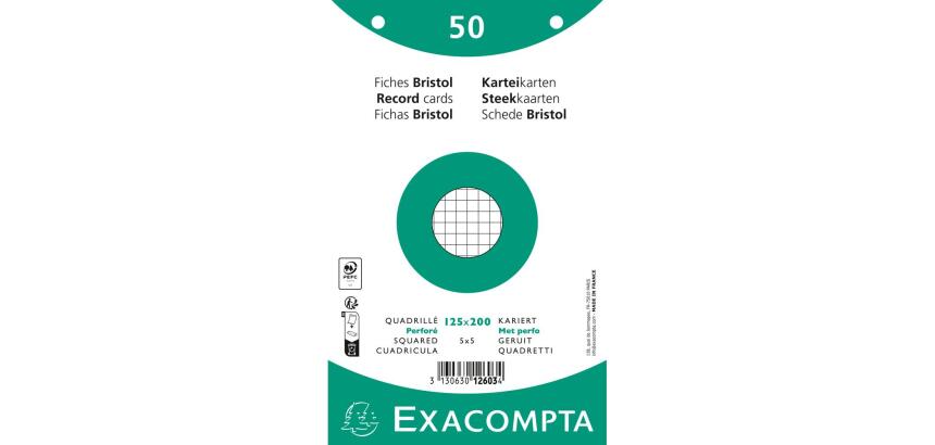 Paquet 50 fiches sous film - bristol quadrillé 5x5 perforé 125x200mm - Blanc