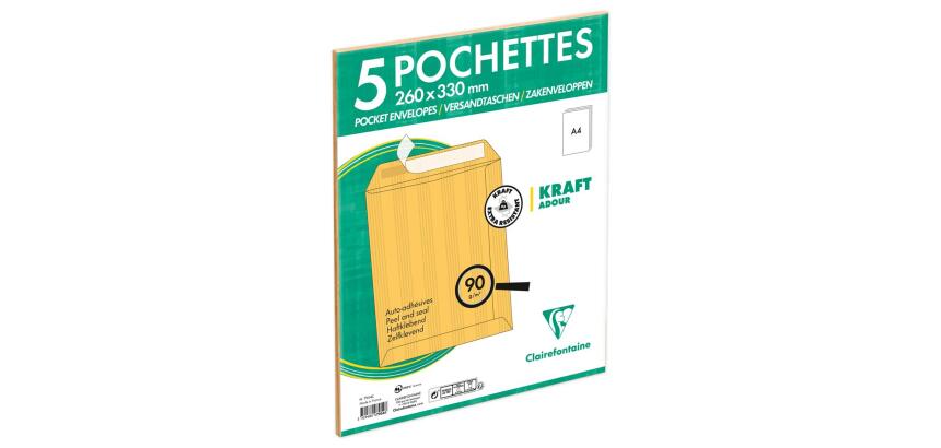 Paquet de 5 Pochettes Kraft Adour Brun 260x330mm - Auto-Adhésives - 90g/m2 - Brun