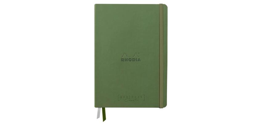 Rhodiarama, Goalbook Creation A5 mit festem Umschlag, 50 Blatt Lavis technique weiß blanko 200g, mit Gummizugverschluss - Salbeigrün