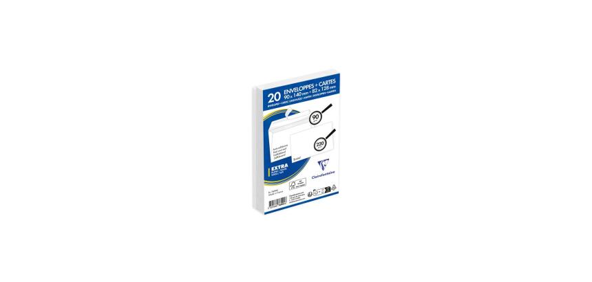 Combiné de 20 Enveloppes Blanches 90x140mm Auto-Adhésives 90g/m2 + 20 Cartes Bristol Blanches 82x128mm 220g/m2 - Blanc