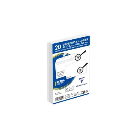 Combiné de 20 Enveloppes Blanches 90x140mm Auto-Adhésives 90g/m2 + 20 Cartes Bristol Blanches 82x128mm 220g/m2 - Blanc