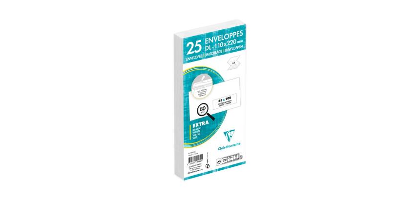 Paquet de 25 Enveloppes Blanches DL-110x220mm - Auto-Adhésives - 80g/m2 - Fenêtre Papier Cristal de 35x100 (position 20/20) - Blanc