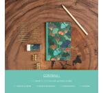 Gaïa bleu, Kit de papeterie contenant un carnet 11x17 cm 64 pages lignées, un crayon de papier, 2 pinces doubles-clip, 10 trombones et une gomme