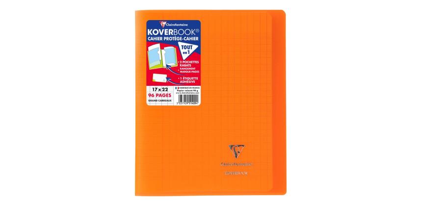 Cahier piqué Koverbook 17x22cm 96 pages grands carreaux couverture polypropylène transparent