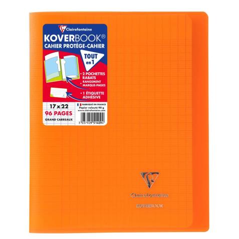 Cahier piqué Koverbook 17x22cm 96 pages grands carreaux couverture polypropylène transparent