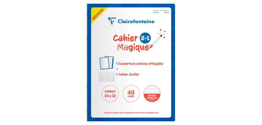 Cahier Magique couverture ardoise double-face effaçable piqué 24x32cm 48 pages grands carreaux (Seyès tricolore) - Bleu