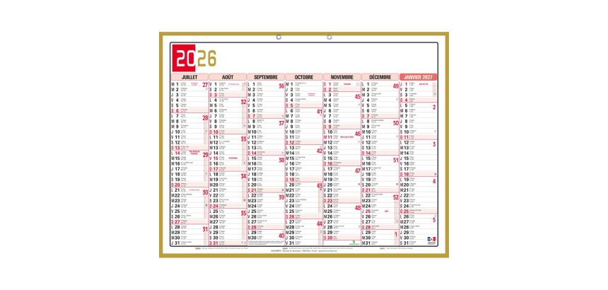 Calendrier Tricolore Neutre 43 x 33,5 cm Semestriel 2026 - rouge, noir et or
