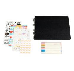Set de Scrapbooking SCRAP-ADDICT [completo] 32x22 cm - 70 páginas (4 hojas de pegatinas 2 hojas de esquinas autoadhesivas 12 rotuladores de tinta metalizada) - Negro