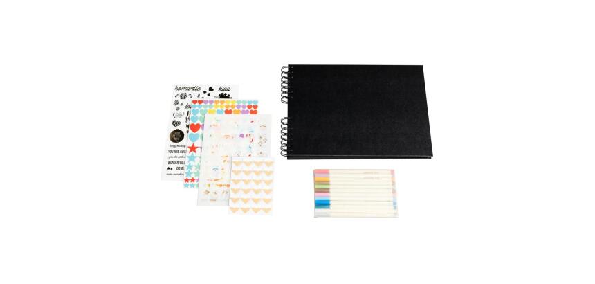 Set de Scrapbooking SCRAP-ADDICT [completo] 32x22 cm - 70 páginas (4 hojas de pegatinas 2 hojas de esquinas autoadhesivas 12 rotuladores de tinta metalizada) - Negro