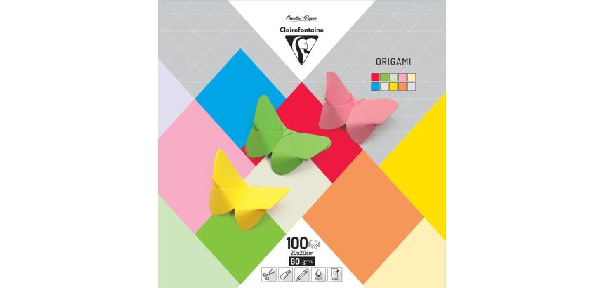 ORIGAMI, Pochette de 100 feuilles 80g/m² au format 20x20cm - Assortiment mixte