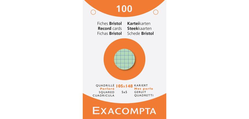 Étui de 100 fiches - bristol quadrillé 5x5 perforé 105x148mm - Couleurs assorties