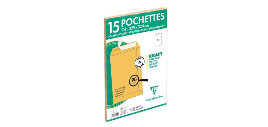 Paquet de 15 Pochettes Kraft Milleraies Brun C4-229x324 mm - Auto-Adhésives - 90g/m2 - Brun