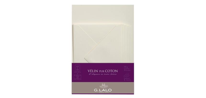 Ensemble Vélin pur coton 10 feuilles A5 et 5 enveloppes C6 - Crème