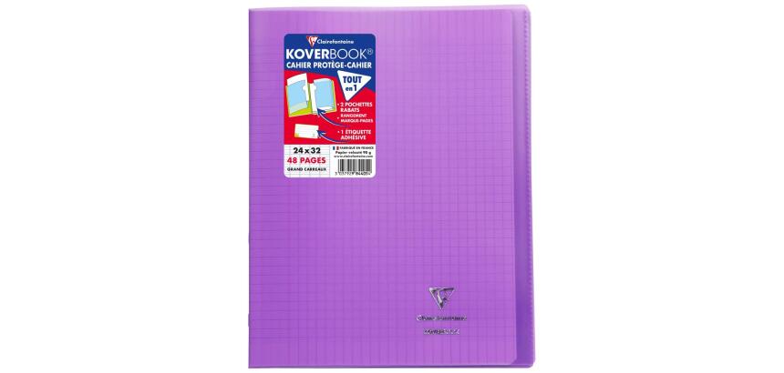 Cahier piqué Koverbook 24x32 cm 48 pages grands carreaux couverture polypropylène transparent - Violet