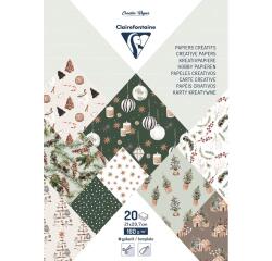 PAPIERS IMPRIMÉS, Bloc de 20 feuilles à motifs 160g/m2 au format A4 (21x29,7cm) + 1 idée créative - Noël cosy - Multicolore