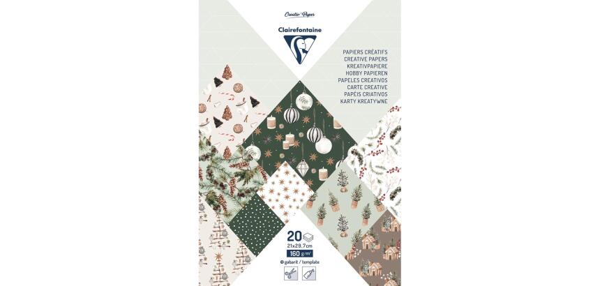 PAPIERS IMPRIMÉS, Bloc de 20 feuilles à motifs 160g/m2 au format A4 (21x29,7cm) + 1 idée créative - Noël cosy - Multicolore