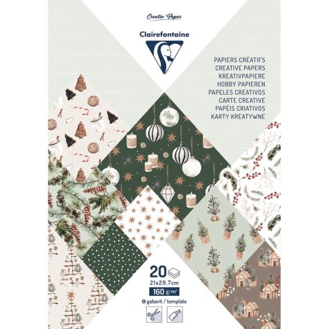 PAPIERS IMPRIMÉS, Bloc de 20 feuilles à motifs 160g/m2 au format A4 (21x29,7cm) + 1 idée créative - Noël cosy - Multicolore