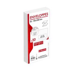 Paquet de 50 Enveloppes Blanches DL-110x220mm - Auto-Adhésives - 80g/m2 - Fenêtre Papier Cristal 35x100 (position 20/20) - Blanc