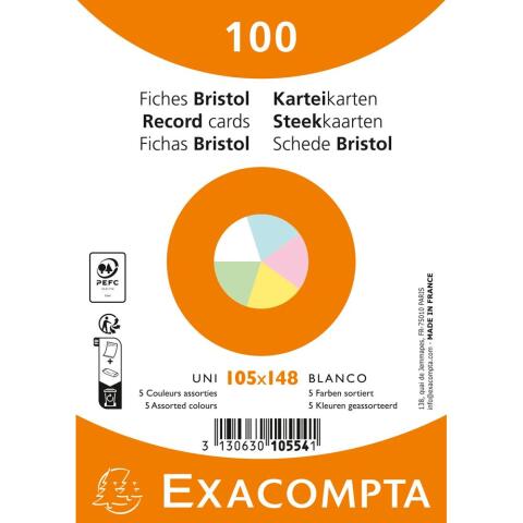 Paquete de 100 fichas retractiladas - UNI Bristol no perforada 105x148mm - Colores surtidos