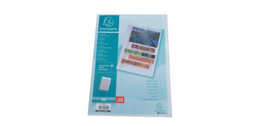 Sachet 50 pochettes coin polypropylène grainé 12/100e - A4 - Cristal