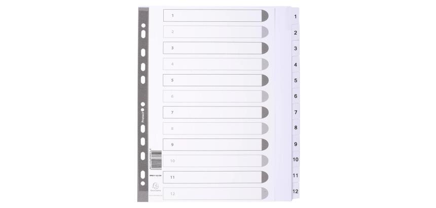 Intercalaires imprimés à touches plastifiées - 12 touches 1 à 12 - A4 maxi - Blanc