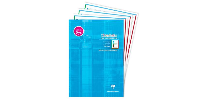 Bloc d'écriture spécial Dys encollé en-tête A4 100 pages détachables cadre et lignes 4 couleurs Interligne 5 mm - Bleu