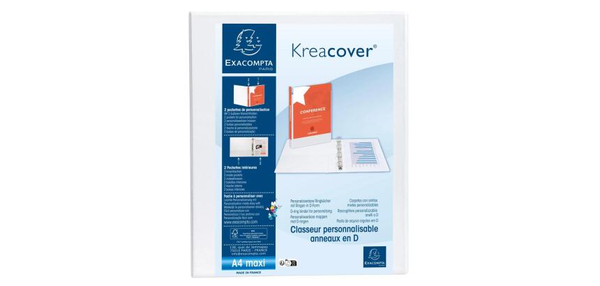 Classeur 4 anneaux cartonné Exacompta Kreacover® personnalisable A4 maxi- Dos 3,8 cm blanc