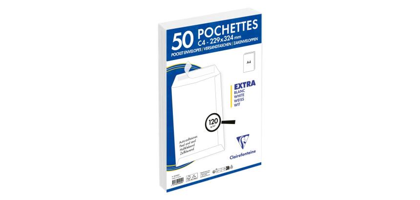 Paquet de 50 Pochettes Blanches C4-229x324 mm - Auto-Adhésives - 120g/m2 - Blanc
