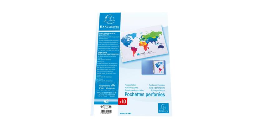 Sachet 10 pochettes perforées polypropylène lisse A3 pliées - Incolore