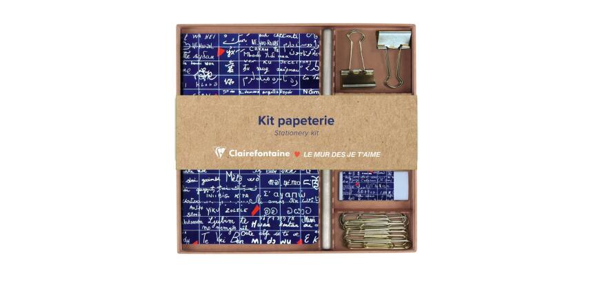 Le Mur des Je t'aime, Kit de papeterie contenant un carnet 11x17 cm 64 pages lignées, un crayon de papier, 2 pinces doubles-clip, 10 trombones et une gomme