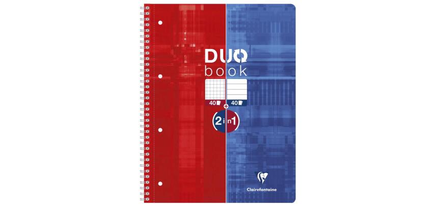 Duo Book cahier reliure intégrale A4+ 80 pages petits carreaux + 80 pages lignées détachables perforé 4 trous Rouge/Bleu - Bleu/rouge