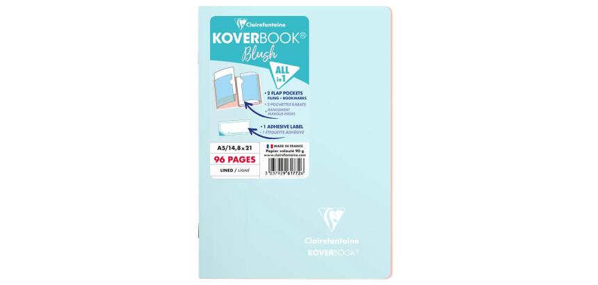 Koverbook Blush cahier piqué A5 96 pages ligné couverture polypropylène opaque bicolore. - Bleu givré/Corail