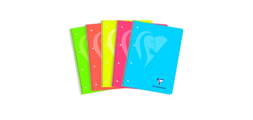 Cahier à spirale Mimesys NEON A4+ 240 pages détachables perforées 4 trous petits carreaux et cadre en-tête 5 couleurs de bandes couverture polypropylène - Assortis