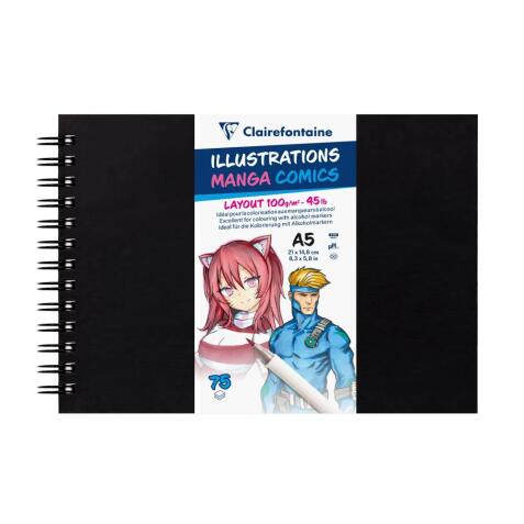 Manga Illustrations carnet spiralé 75 feuilles A5 100g couverture noire