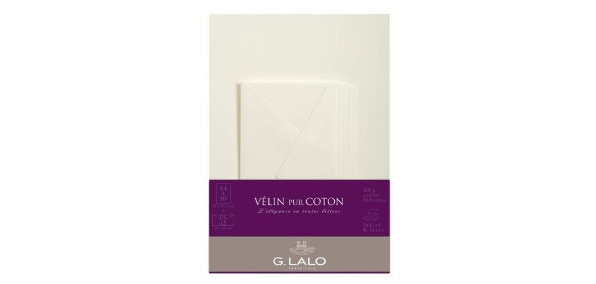 Ensemble Vélin pur coton 10 feuilles A4 et 5 enveloppes DL - Crème