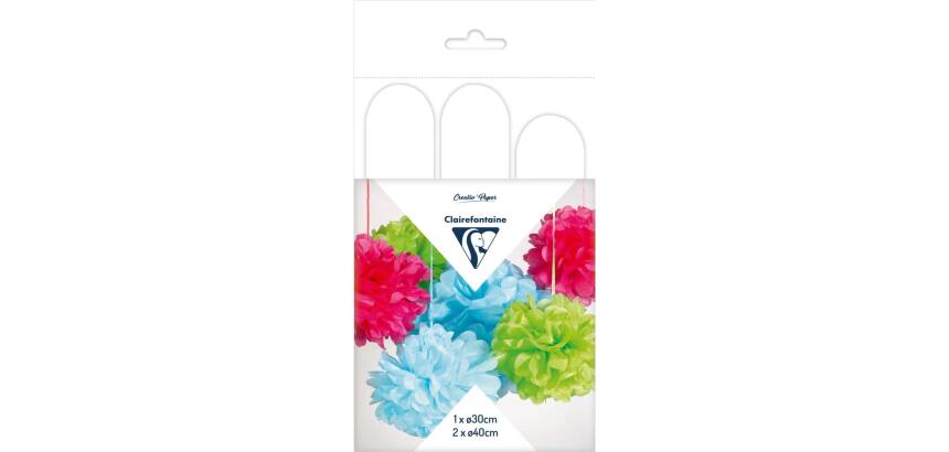 PAPIER DE SOIE, Set de 3 pompons à suspendre Ø30x1 et Ø40x2 - Blanc