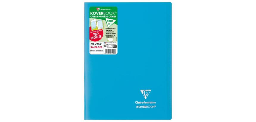 Cahier piqué Koverbook A4 96 pages grands carreaux couverture polypropylène opaque 100% recyclé