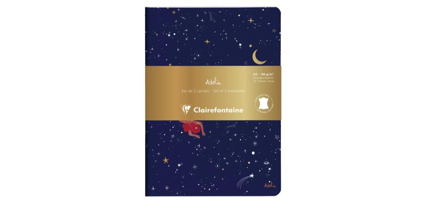 Adolie, Set de 2 carnets cousu fil A5 14,8x21 cm, 64 pages, ligné. Etoiles. 1 carnet couverture cuir + 1 carnet couverture carte imprimée, ass.