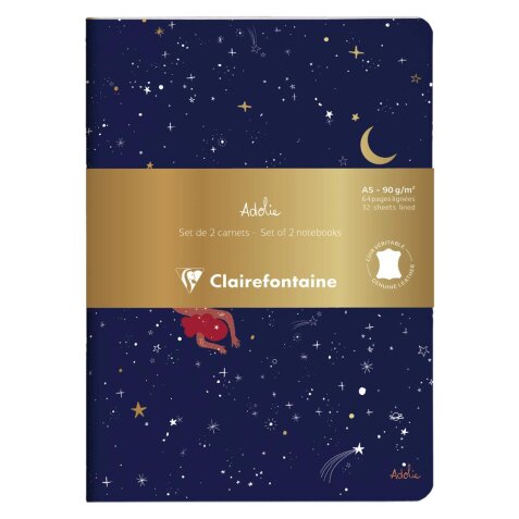 Adolie, Set de 2 carnets cousu fil A5 14,8x21 cm, 64 pages, ligné. Etoiles. 1 carnet couverture cuir + 1 carnet couverture carte imprimée, ass.