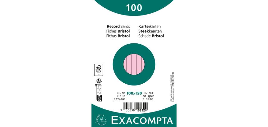 PAQUET 100 FICHES SOUS FILM - BRISTOL LIGNÉ NON PERFORÉ 100X150MM - Rose