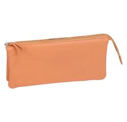 CUIR NATUREL Trousse en cuir plate avec 3 compartiments. - Naturel