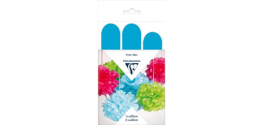 PAPIER DE SOIE, Set de 3 pompons à suspendre Ø30x1 et Ø40x2 - Bleu pétrole