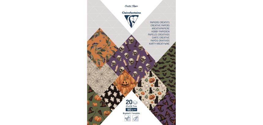 PAPIERS IMPRIMÉS, Bloc de 20 feuilles à motifs 160g/m2 au format A4 (21x29,7cm) + 1 idée créative - Halloween - Multicolore
