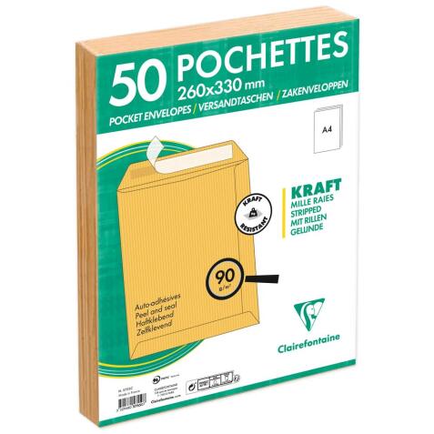 Paquet de 50 Pochettes Kraft Milleraies Brun 24-260x330 mm - Auto-Adhésives - 90g/m2 - Brun