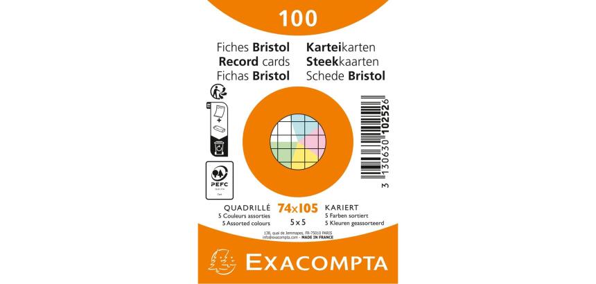 Fiches bristol, A7, quadrillé, assorti