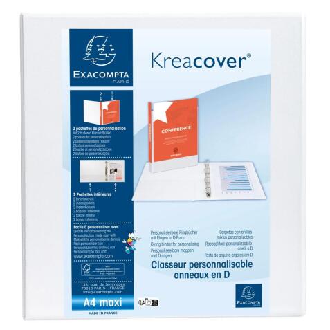 Classeur 4 anneaux plastifié Exacompta Kreacover personnalisable A4 maxi - Dos 9 cm blanc