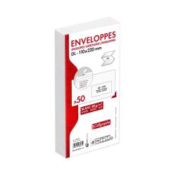 Paquet de 50 Enveloppes Blanches DL-110x220mm - Auto-Adhésives - 80g/m2 - Fenêtre Papier Cristal 45x100 (position 20/20) - Blanc